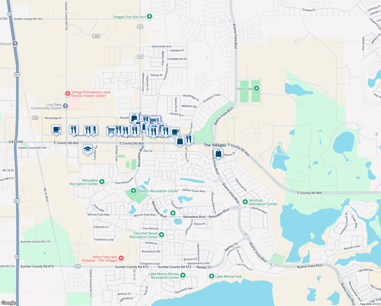 map of restaurants, bars, coffee shops, grocery stores, and more near 2177 Smoaks Street in The Villages