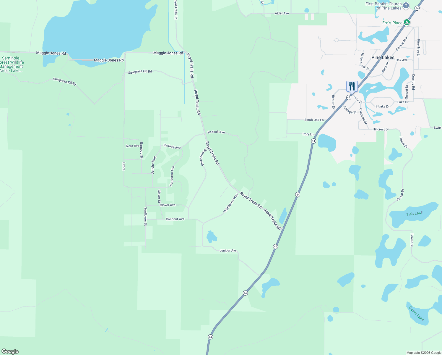 map of restaurants, bars, coffee shops, grocery stores, and more near 39647 Royal Trails Road in Eustis