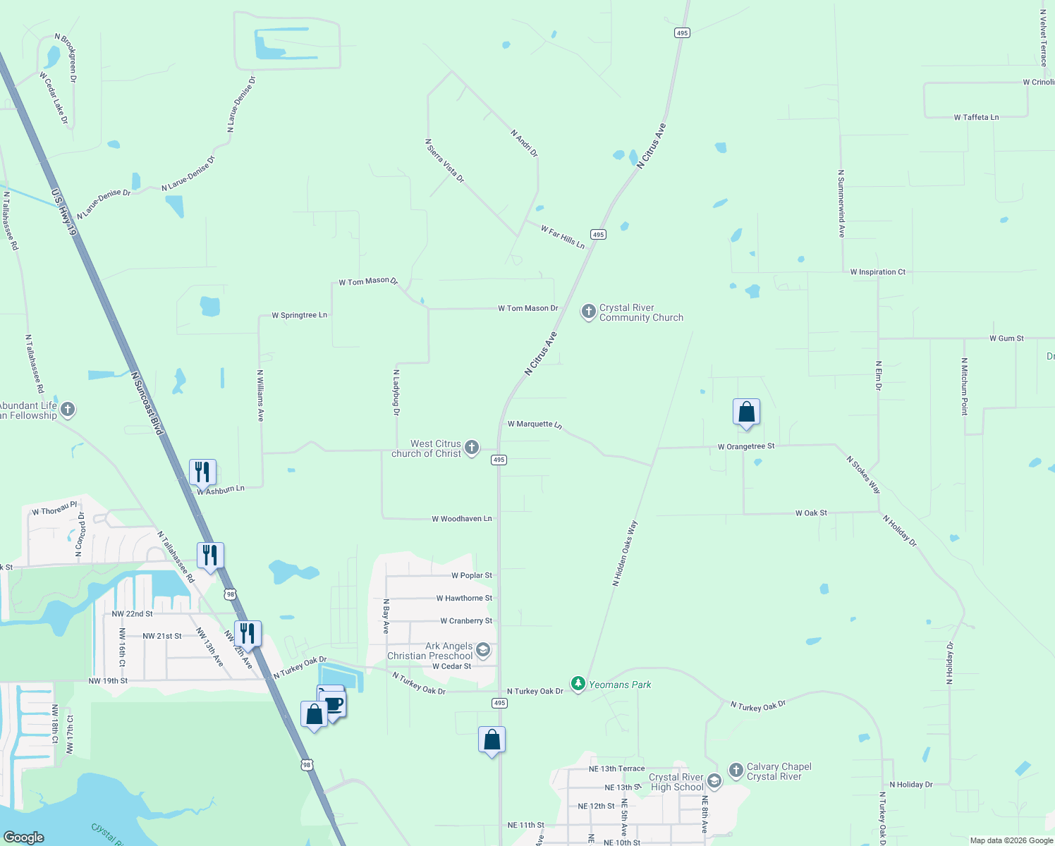 map of restaurants, bars, coffee shops, grocery stores, and more near 9391 West Marquette Lane in Crystal River