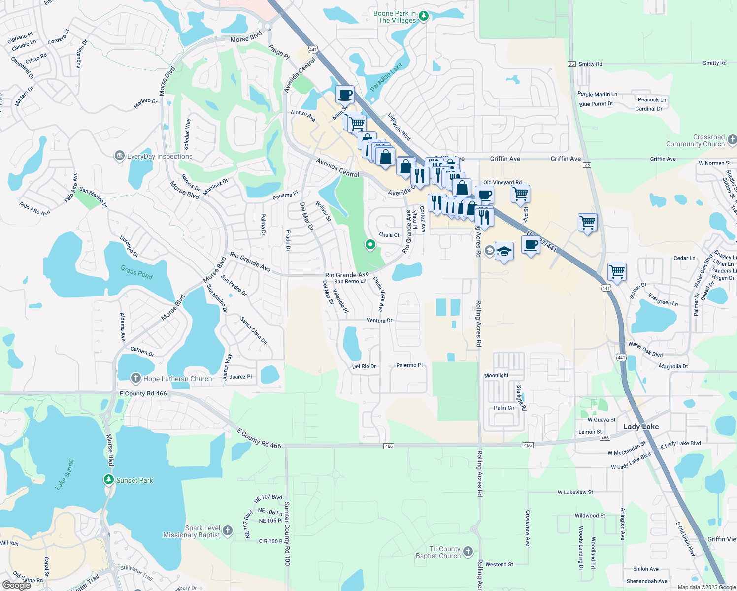 map of restaurants, bars, coffee shops, grocery stores, and more near 523 San Lorenzo Court in Lady Lake