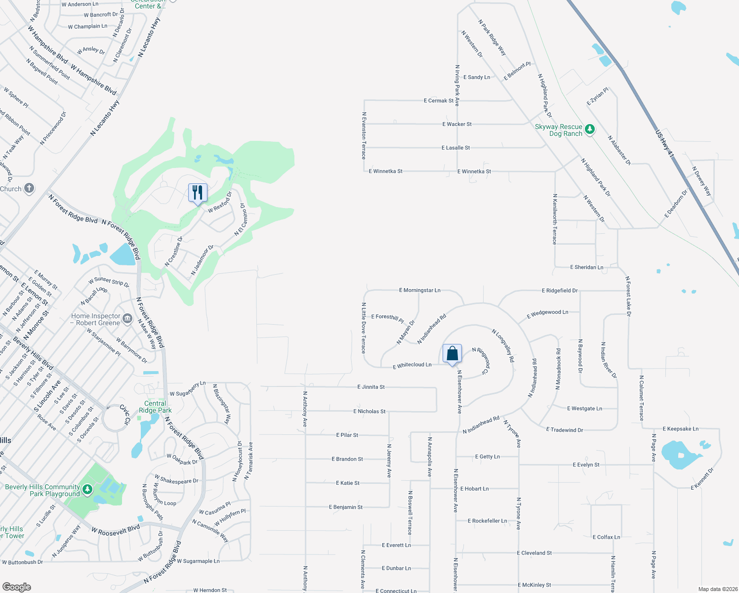 map of restaurants, bars, coffee shops, grocery stores, and more near 4421 North Little Dove Terrace in Hernando