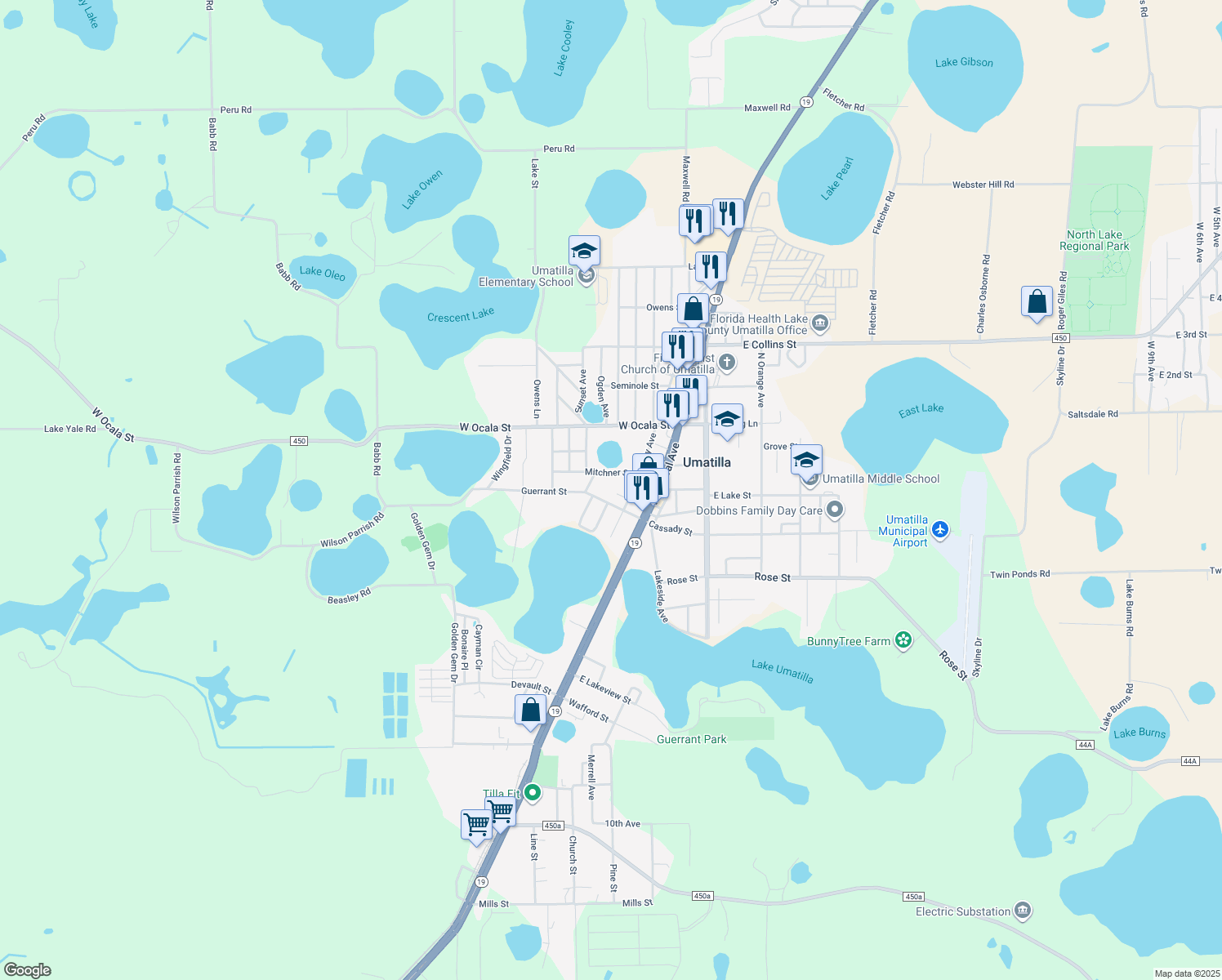 map of restaurants, bars, coffee shops, grocery stores, and more near 100 Guerrant Street in Umatilla