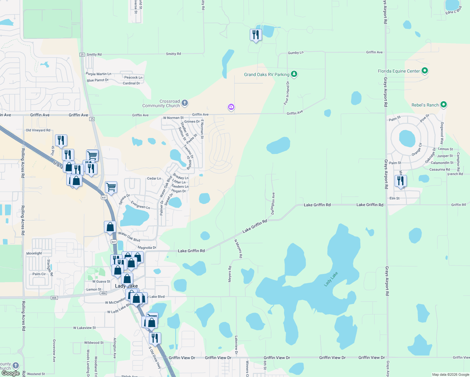 map of restaurants, bars, coffee shops, grocery stores, and more near 2641 Lake Griffin Road in Lady Lake