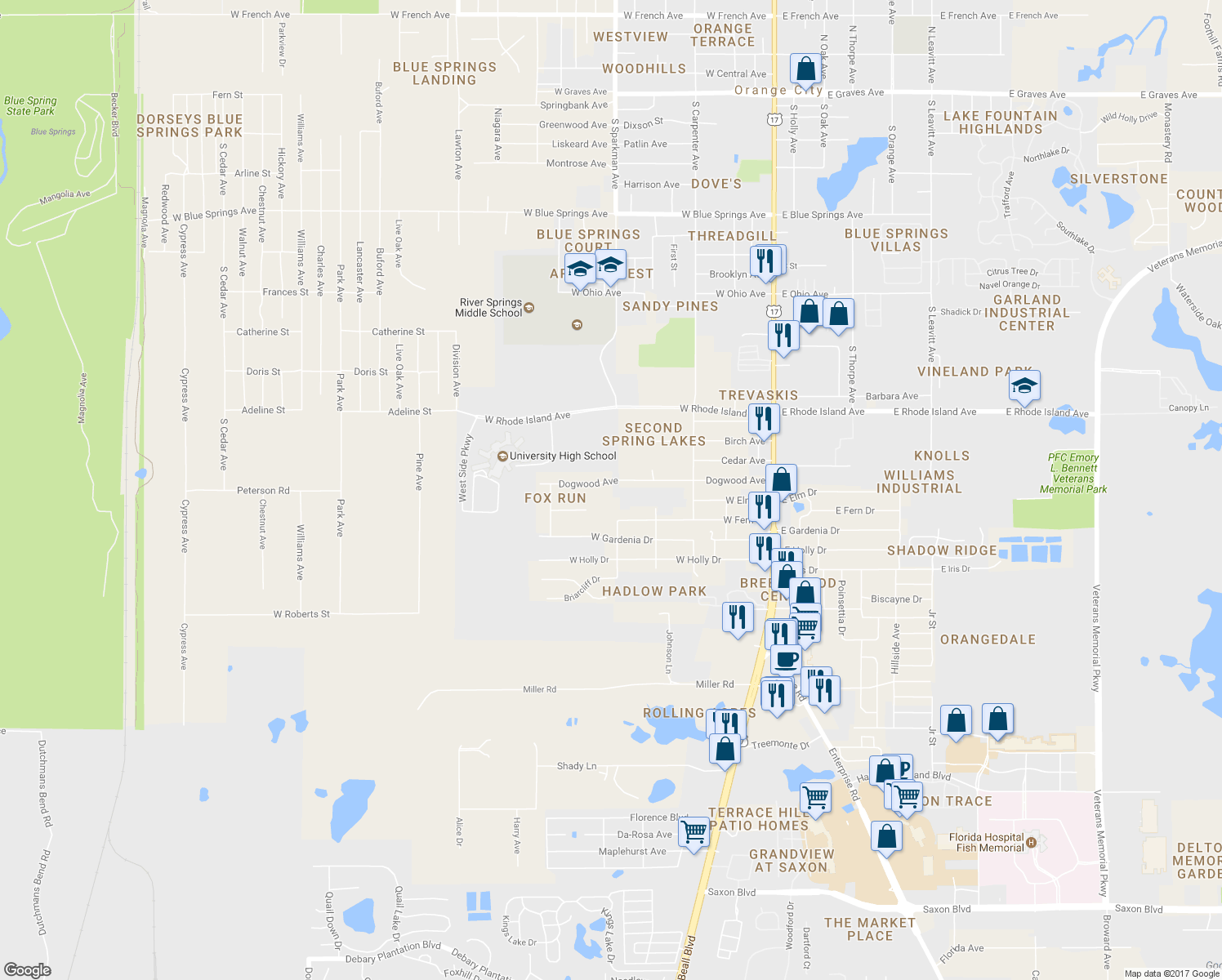 map of restaurants, bars, coffee shops, grocery stores, and more near 400 Dogwood Avenue in Orange City