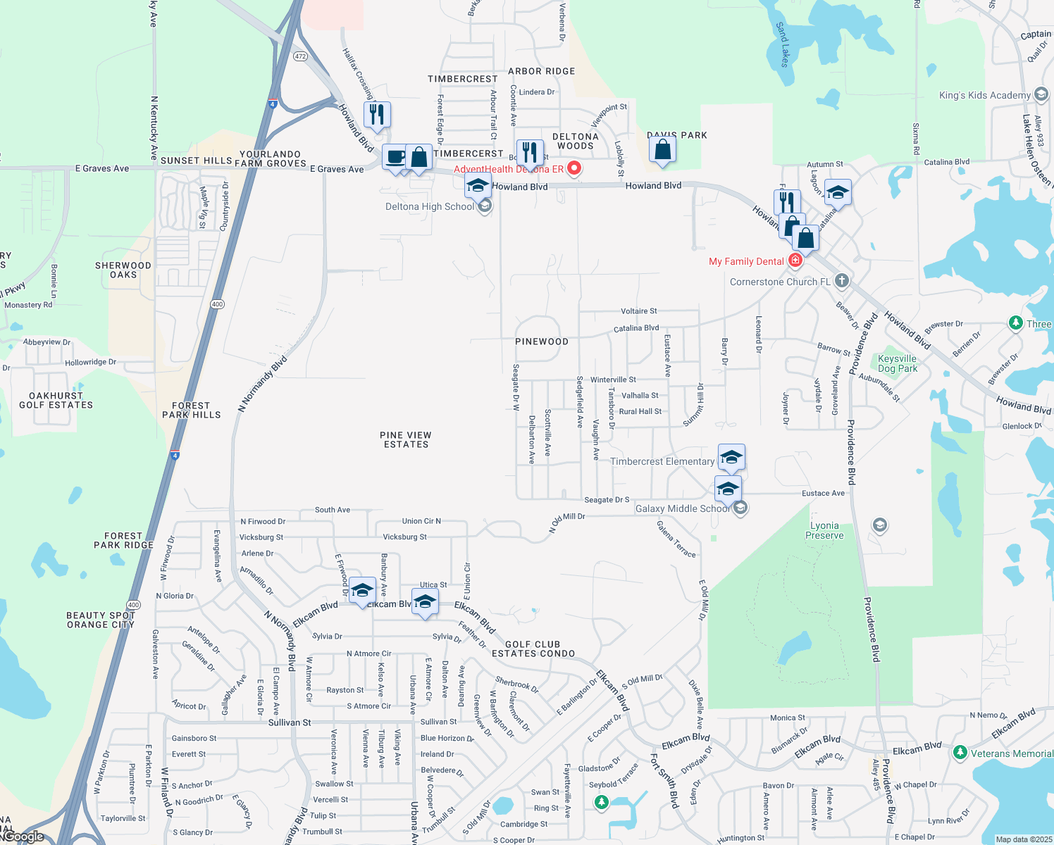 map of restaurants, bars, coffee shops, grocery stores, and more near 2552 Delbarton Avenue in Deltona