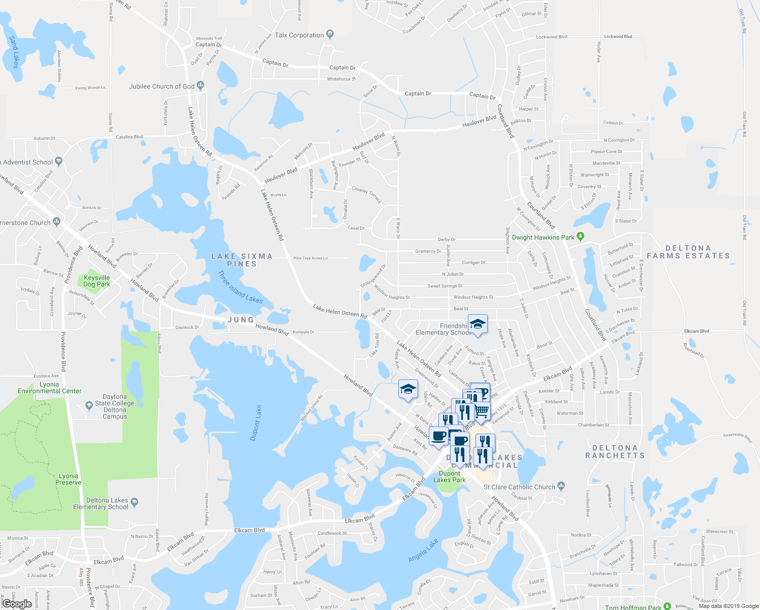 map of restaurants, bars, coffee shops, grocery stores, and more near 2562 Beal Street in Deltona