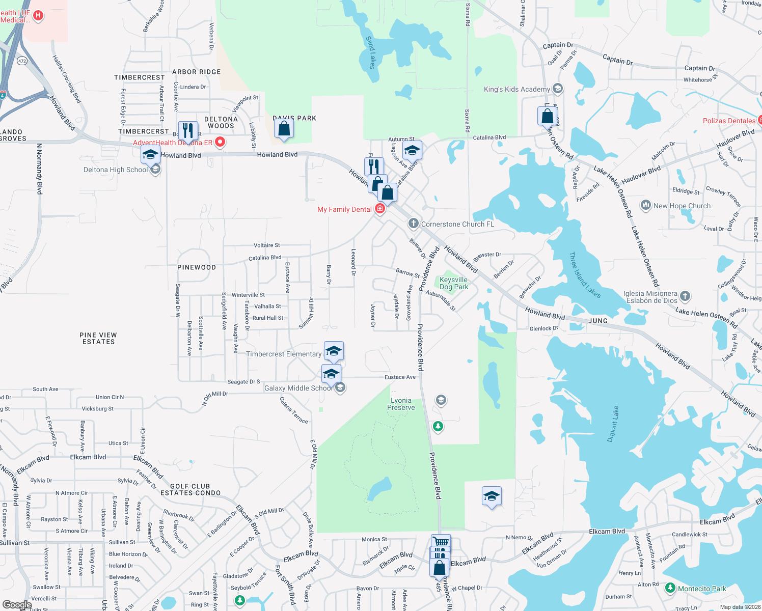 map of restaurants, bars, coffee shops, grocery stores, and more near 1601 Joyner Drive in Deltona
