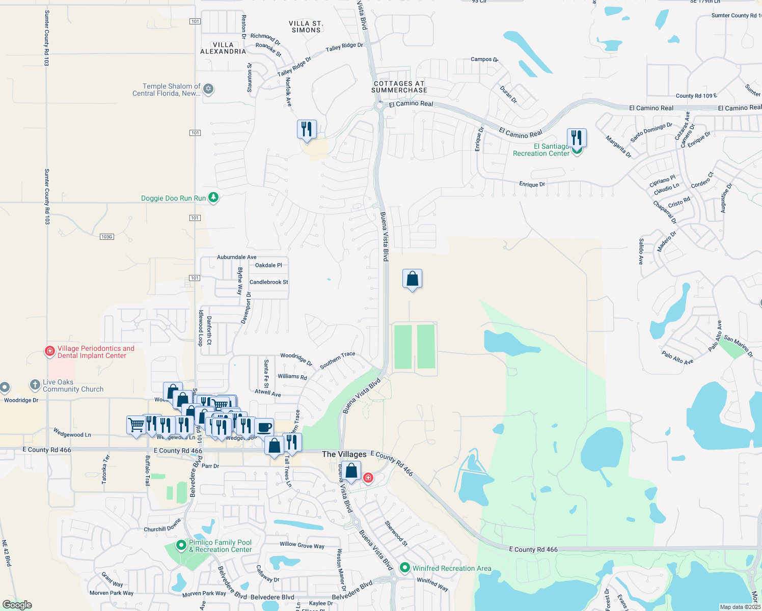 map of restaurants, bars, coffee shops, grocery stores, and more near 977 Oak Forest Drive in The Villages