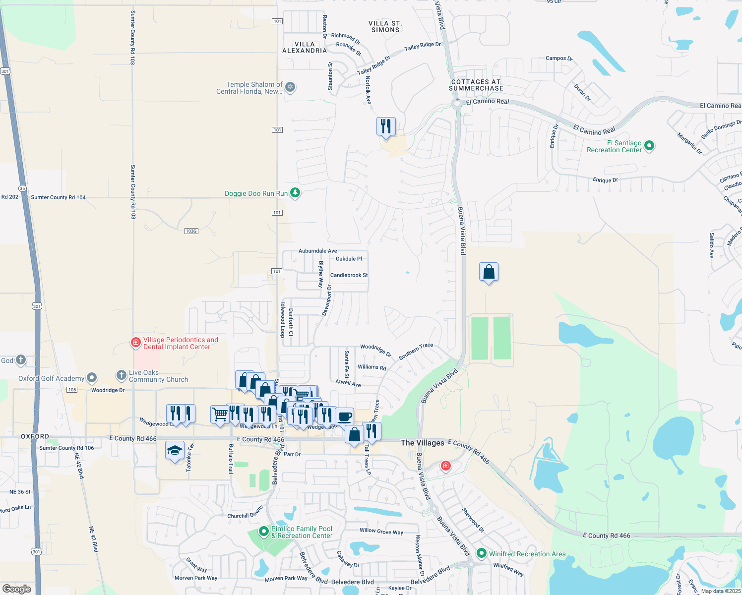 map of restaurants, bars, coffee shops, grocery stores, and more near 3758 Auburndale Avenue in The Villages