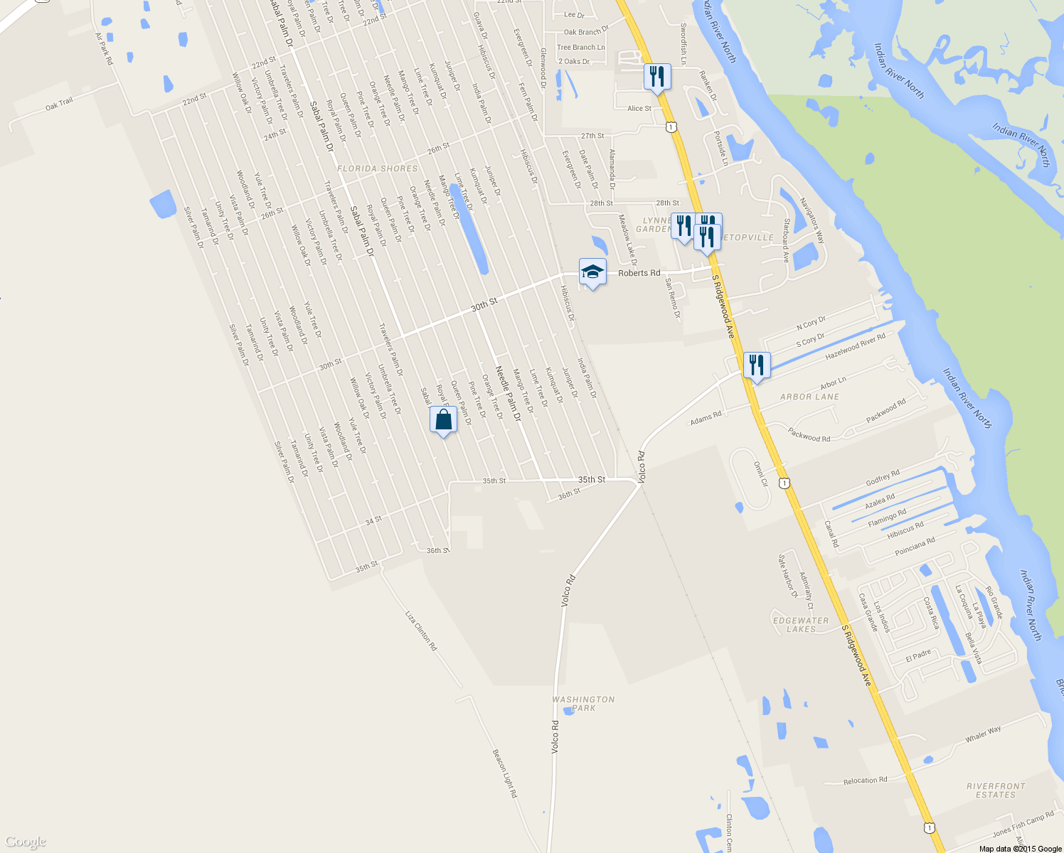 map of restaurants, bars, coffee shops, grocery stores, and more near 3306 Mango Tree Drive in Edgewater