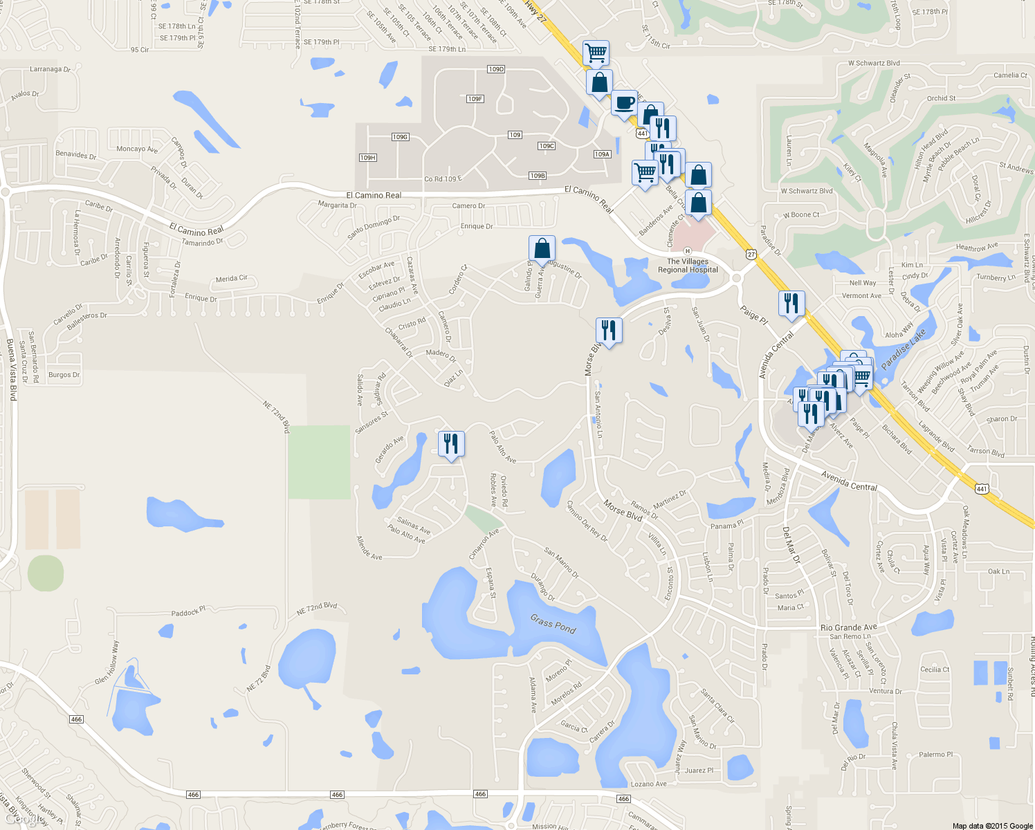 map of restaurants, bars, coffee shops, grocery stores, and more near 1817 San Gabriel Street in The Villages