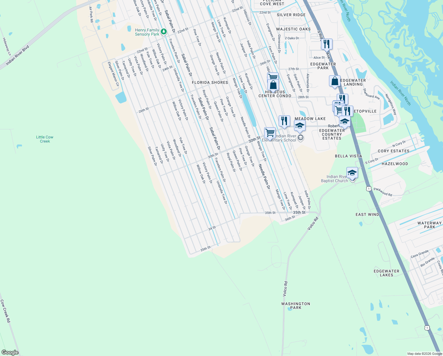 map of restaurants, bars, coffee shops, grocery stores, and more near 3104 Travelers Palm Drive in Edgewater