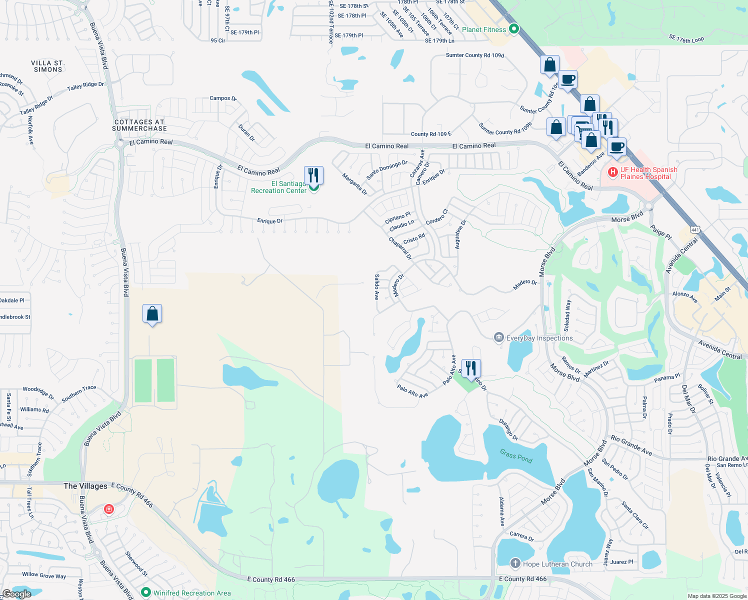 map of restaurants, bars, coffee shops, grocery stores, and more near 1112 Salido Avenue in Lady Lake