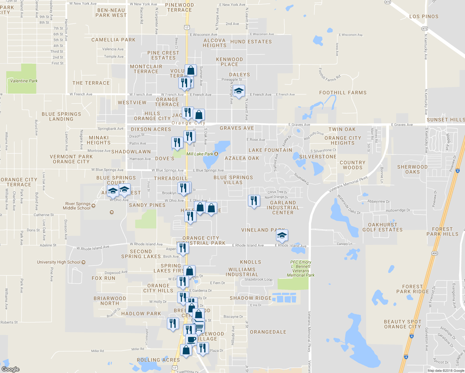 map of restaurants, bars, coffee shops, grocery stores, and more near 558 Maidenhair Court in Orange City