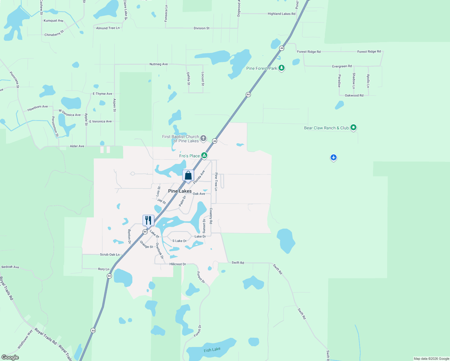 map of restaurants, bars, coffee shops, grocery stores, and more near 40810 Crest Lane in Eustis