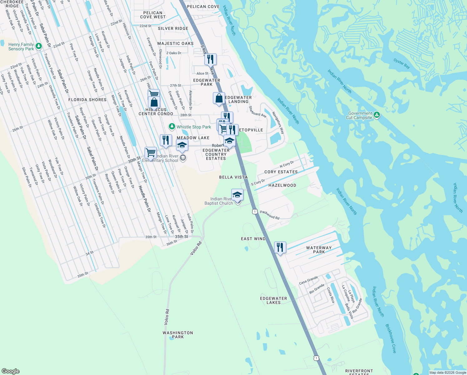 map of restaurants, bars, coffee shops, grocery stores, and more near 197 Volco Road in Edgewater
