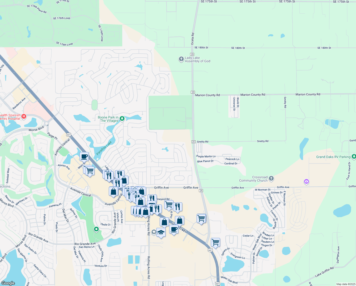 map of restaurants, bars, coffee shops, grocery stores, and more near 1251 East Schwartz Boulevard in Lady Lake