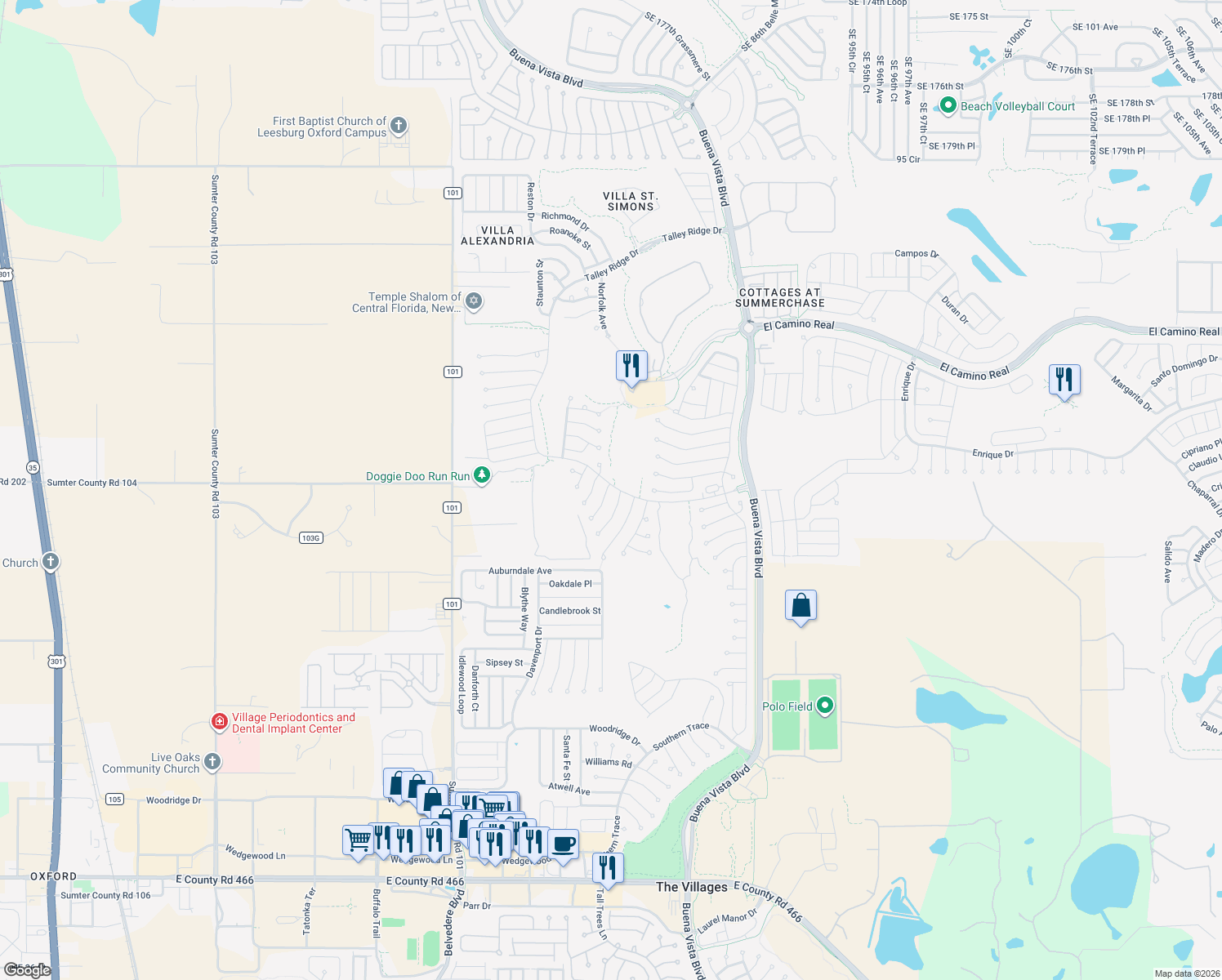 map of restaurants, bars, coffee shops, grocery stores, and more near 1295 Northbrook Place in The Villages