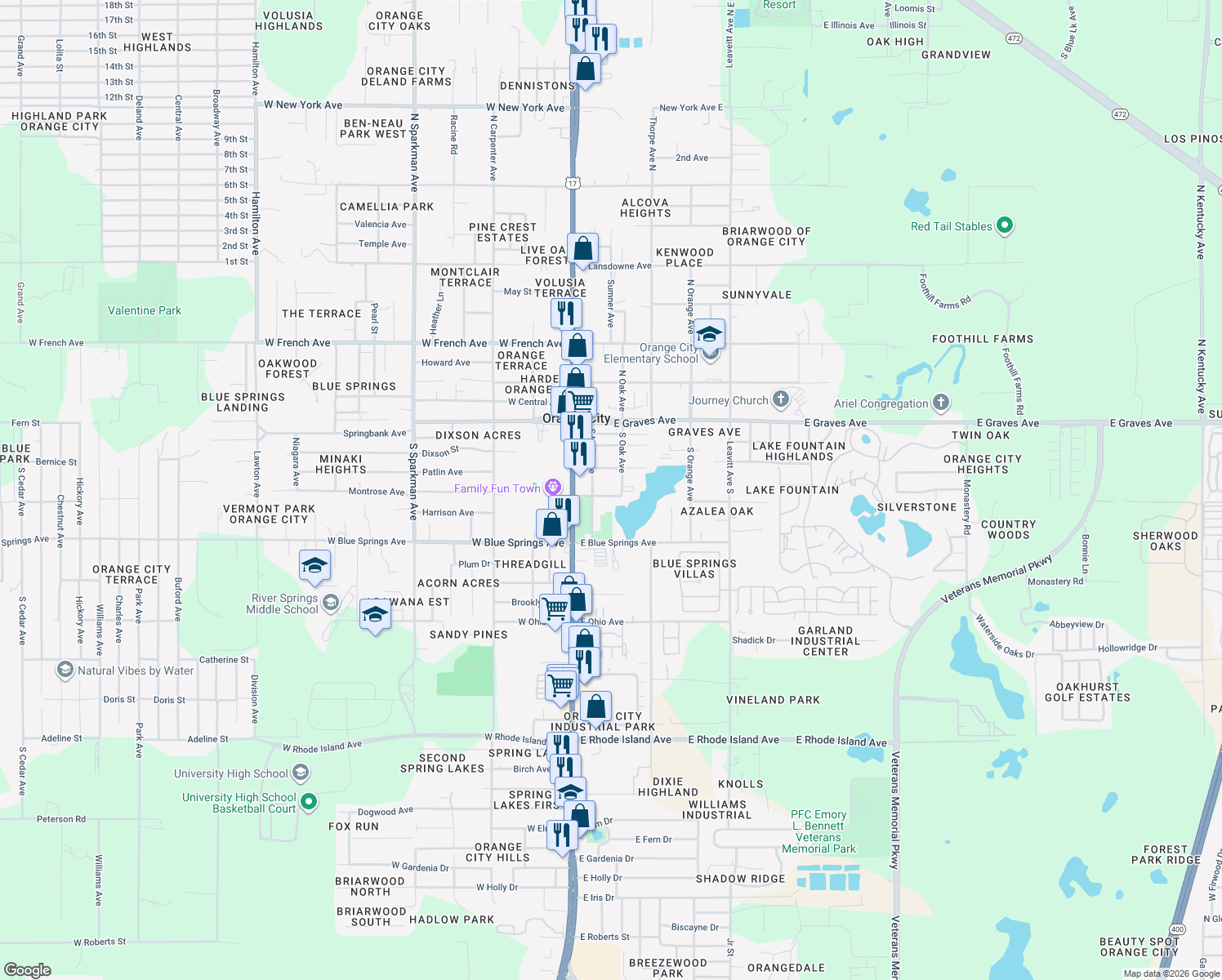 map of restaurants, bars, coffee shops, grocery stores, and more near 259 East Banana Avenue in Orange City