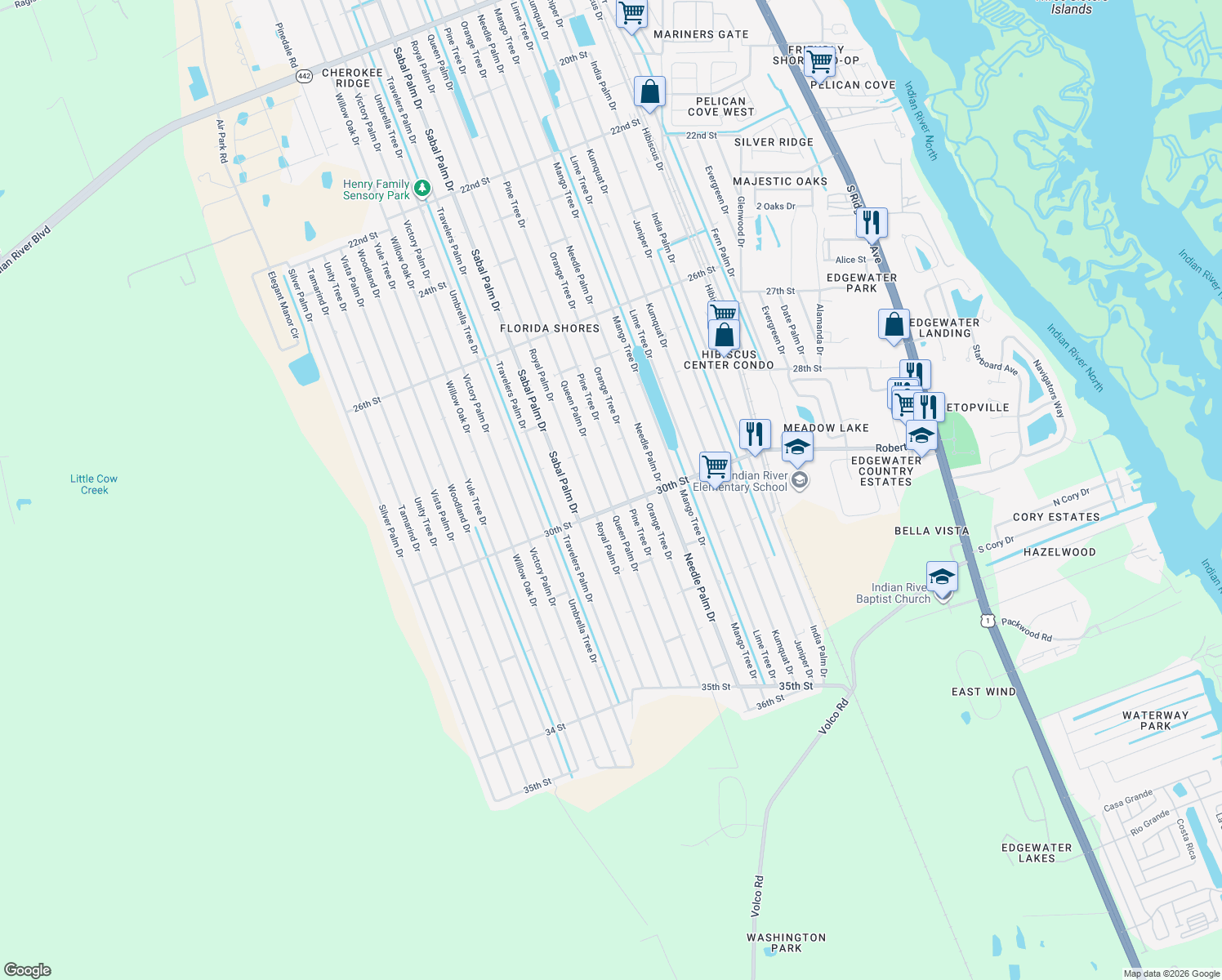 map of restaurants, bars, coffee shops, grocery stores, and more near 2937 Queen Palm Drive in Edgewater