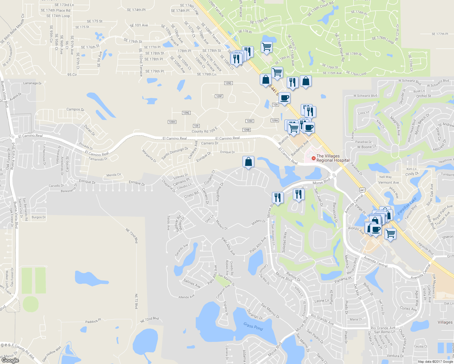 map of restaurants, bars, coffee shops, grocery stores, and more near 1828 Augustine Drive in The Villages