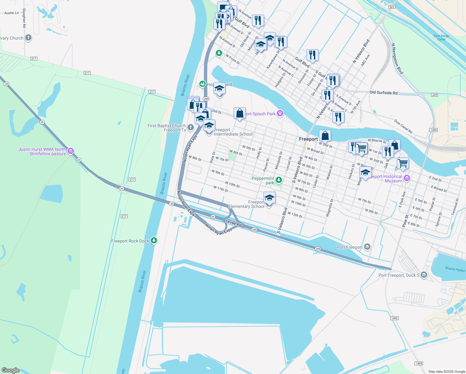 map of restaurants, bars, coffee shops, grocery stores, and more near 1615 West 10th Street in Freeport