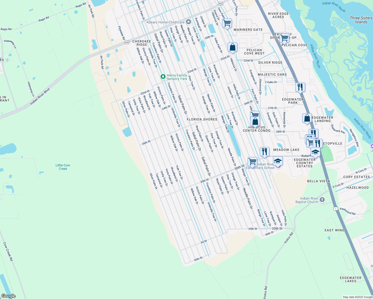 map of restaurants, bars, coffee shops, grocery stores, and more near 2724 Umbrella Tree Drive in Edgewater