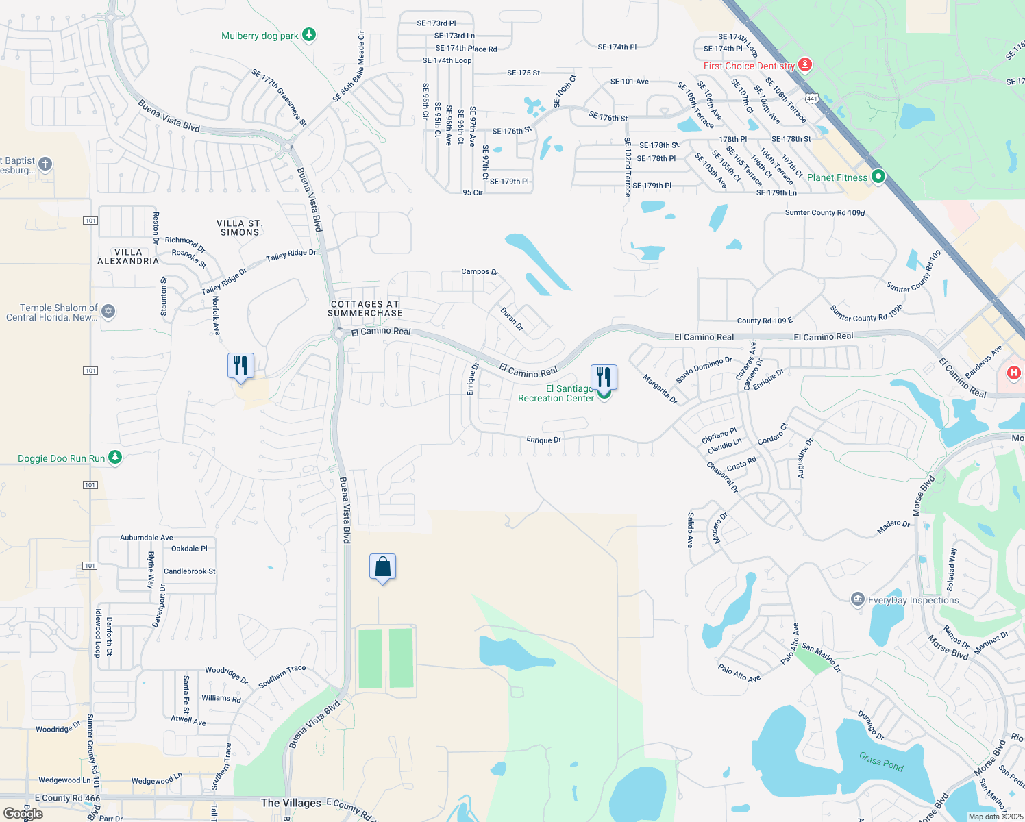 map of restaurants, bars, coffee shops, grocery stores, and more near 1413 Fortaleza Drive in The Villages