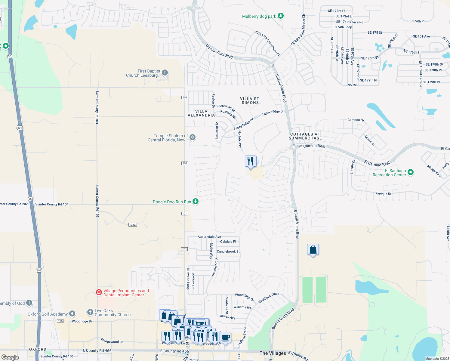 map of restaurants, bars, coffee shops, grocery stores, and more near 1404 Shorewood Street in The Villages
