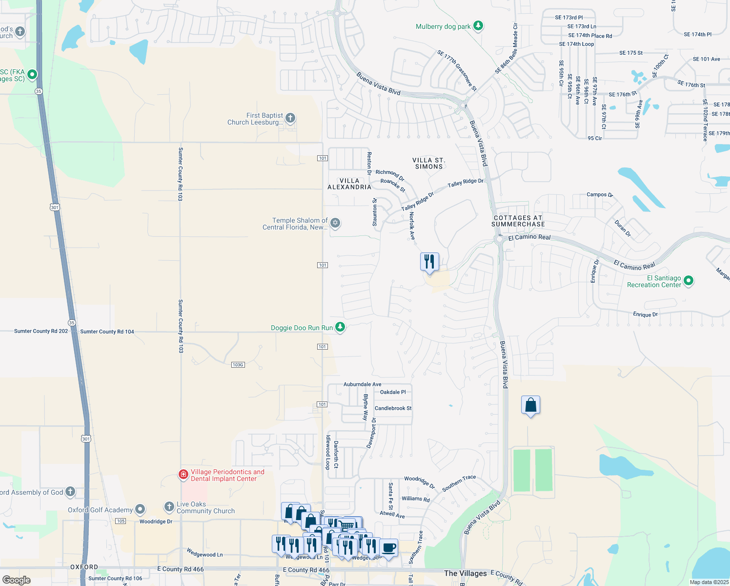map of restaurants, bars, coffee shops, grocery stores, and more near 3655 Worth Cir in The Villages