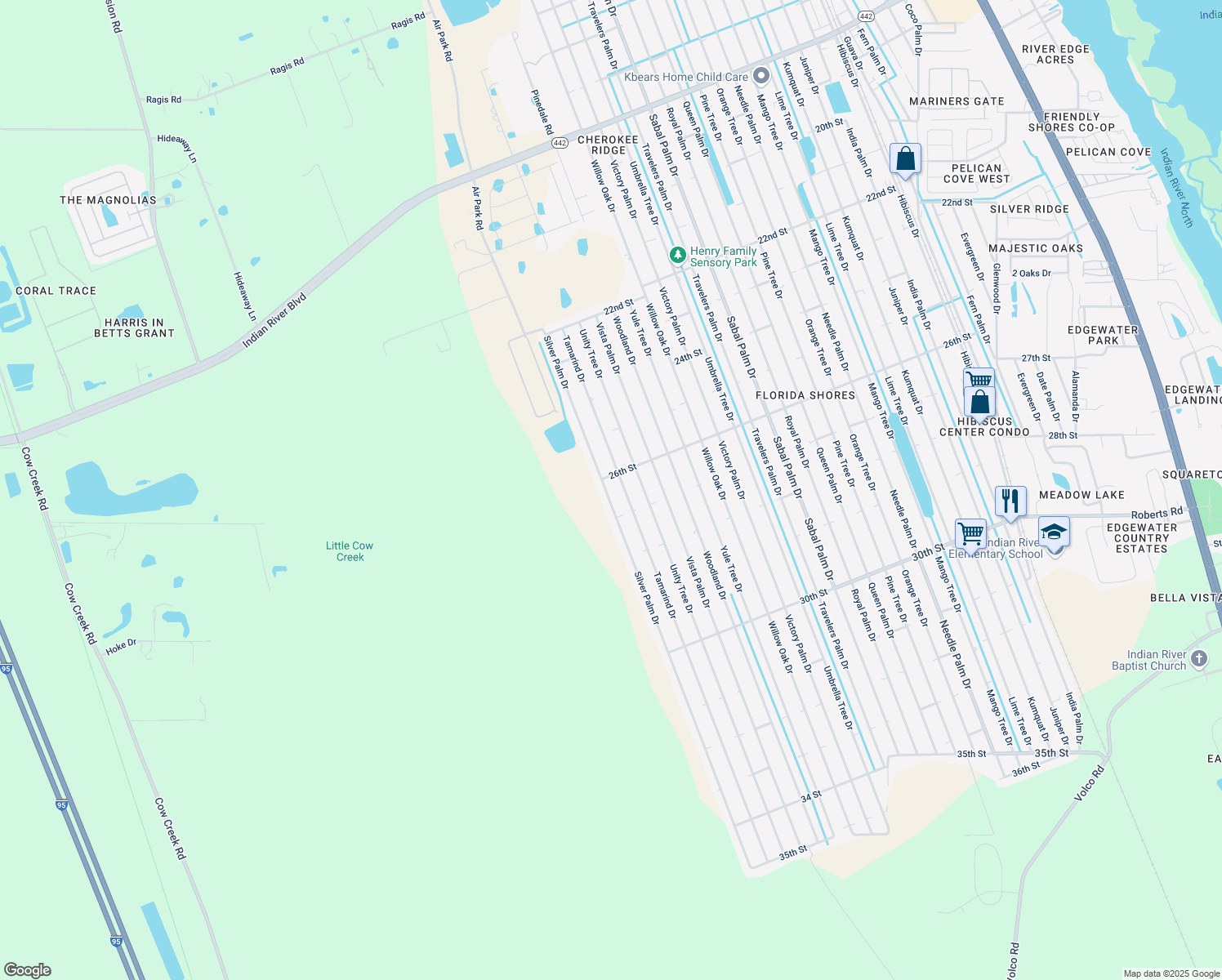 map of restaurants, bars, coffee shops, grocery stores, and more near 2611 Silver Palm Drive in Edgewater