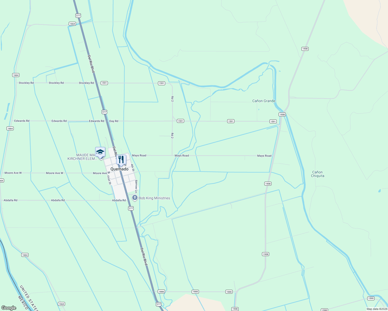map of restaurants, bars, coffee shops, grocery stores, and more near Crockett Avenue in Quemado