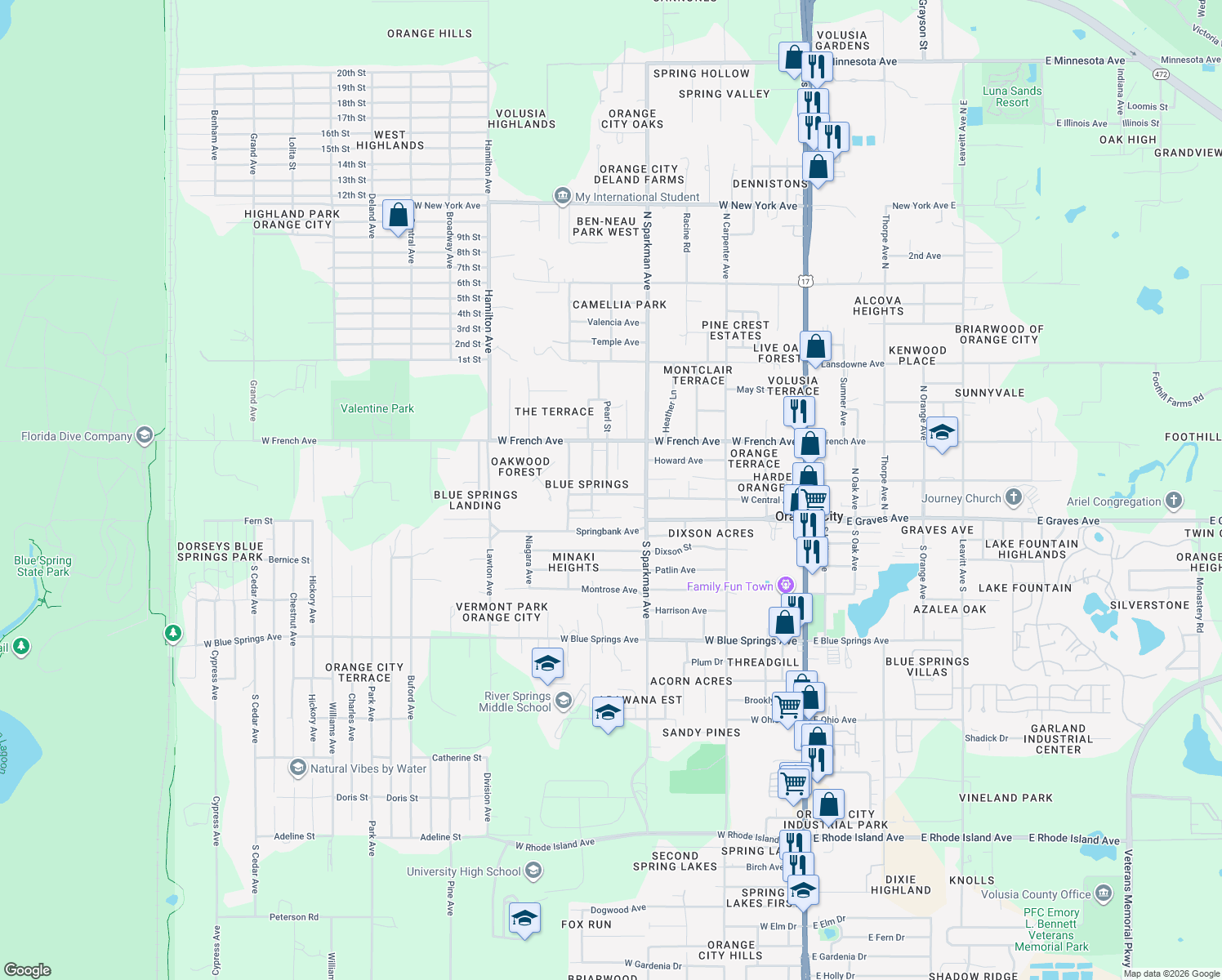 map of restaurants, bars, coffee shops, grocery stores, and more near 897 Crittenden Avenue in Orange City
