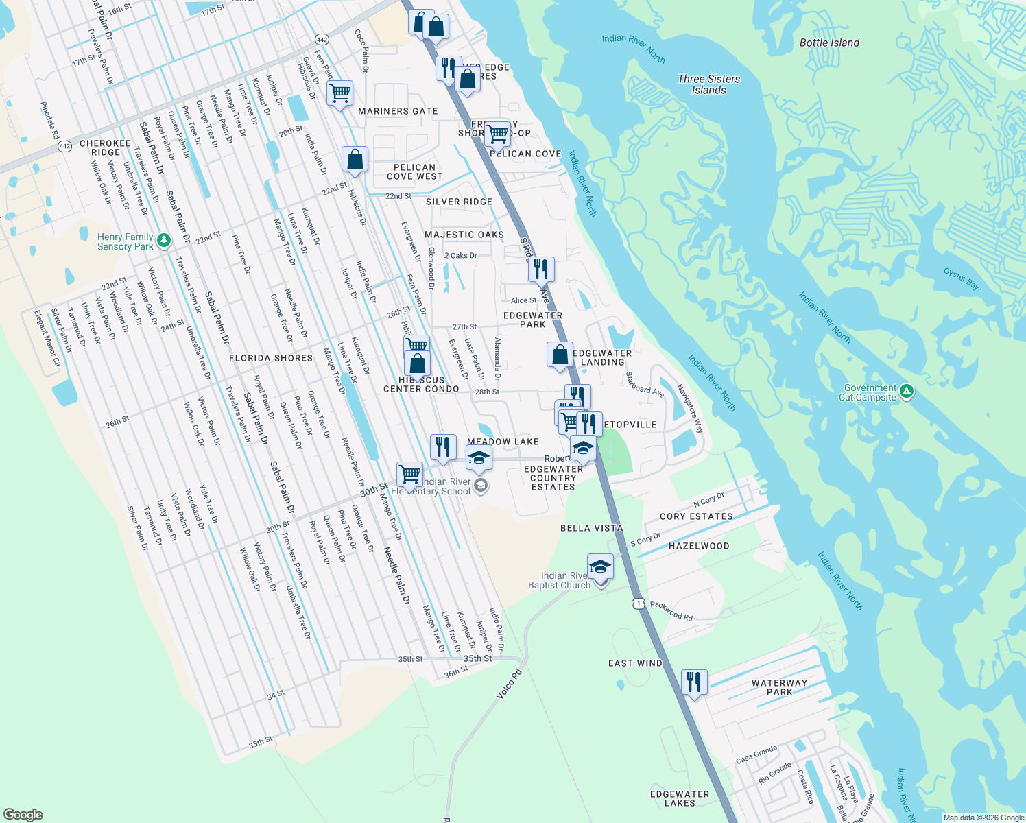map of restaurants, bars, coffee shops, grocery stores, and more near 221 Meadow Lake Drive in Edgewater
