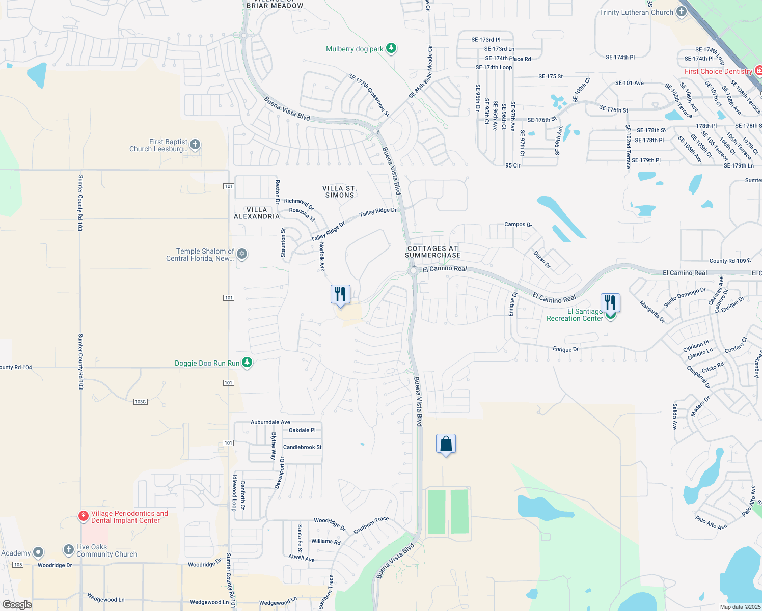 map of restaurants, bars, coffee shops, grocery stores, and more near 1684 Oak Forest Drive in The Villages