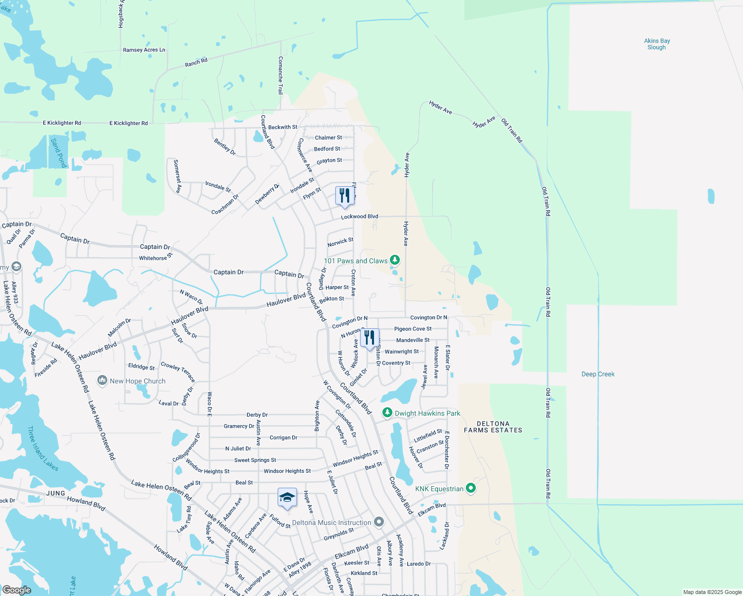 map of restaurants, bars, coffee shops, grocery stores, and more near 3106 Hyder Avenue in Deltona