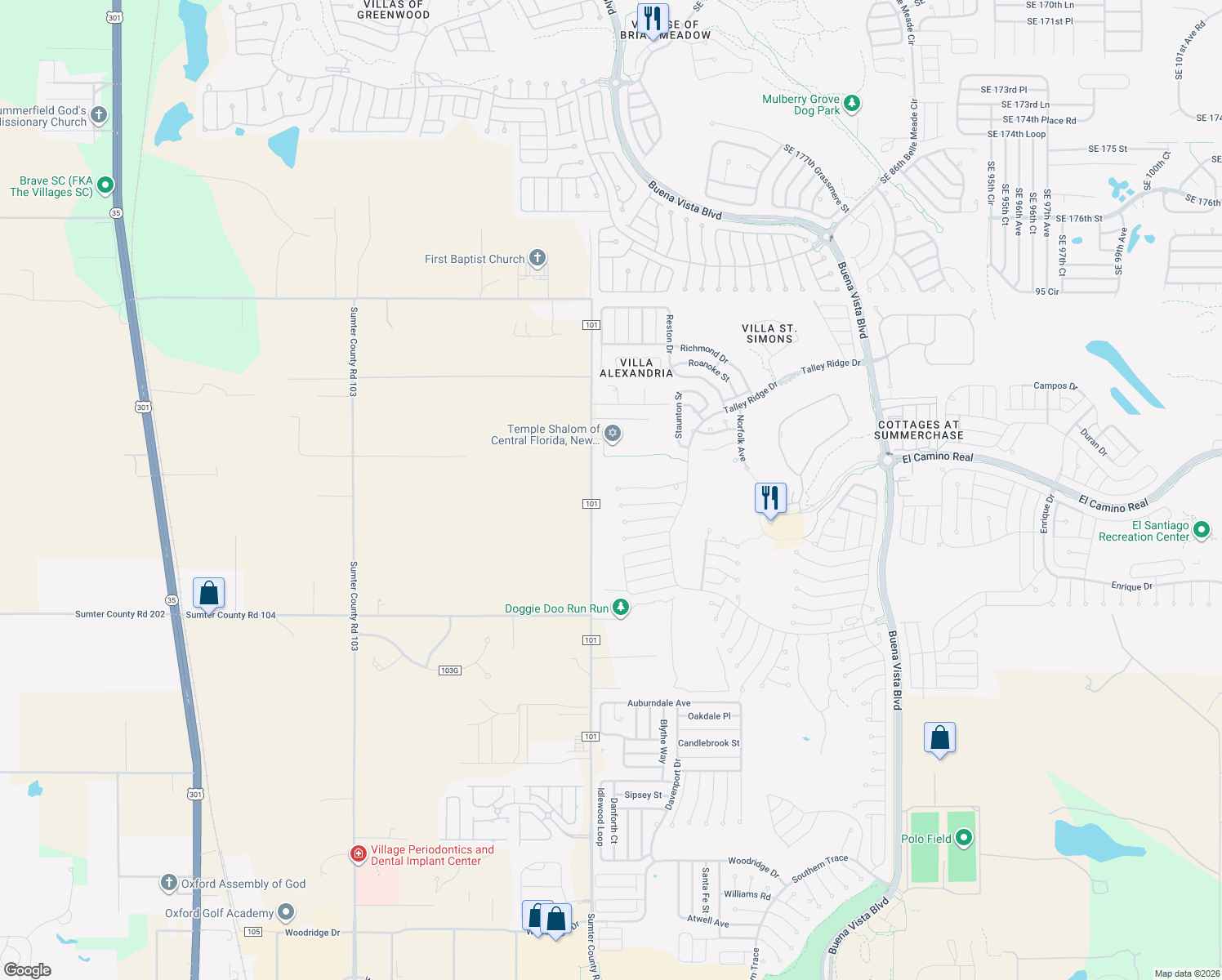 map of restaurants, bars, coffee shops, grocery stores, and more near 3552 Sterling Street in The Villages