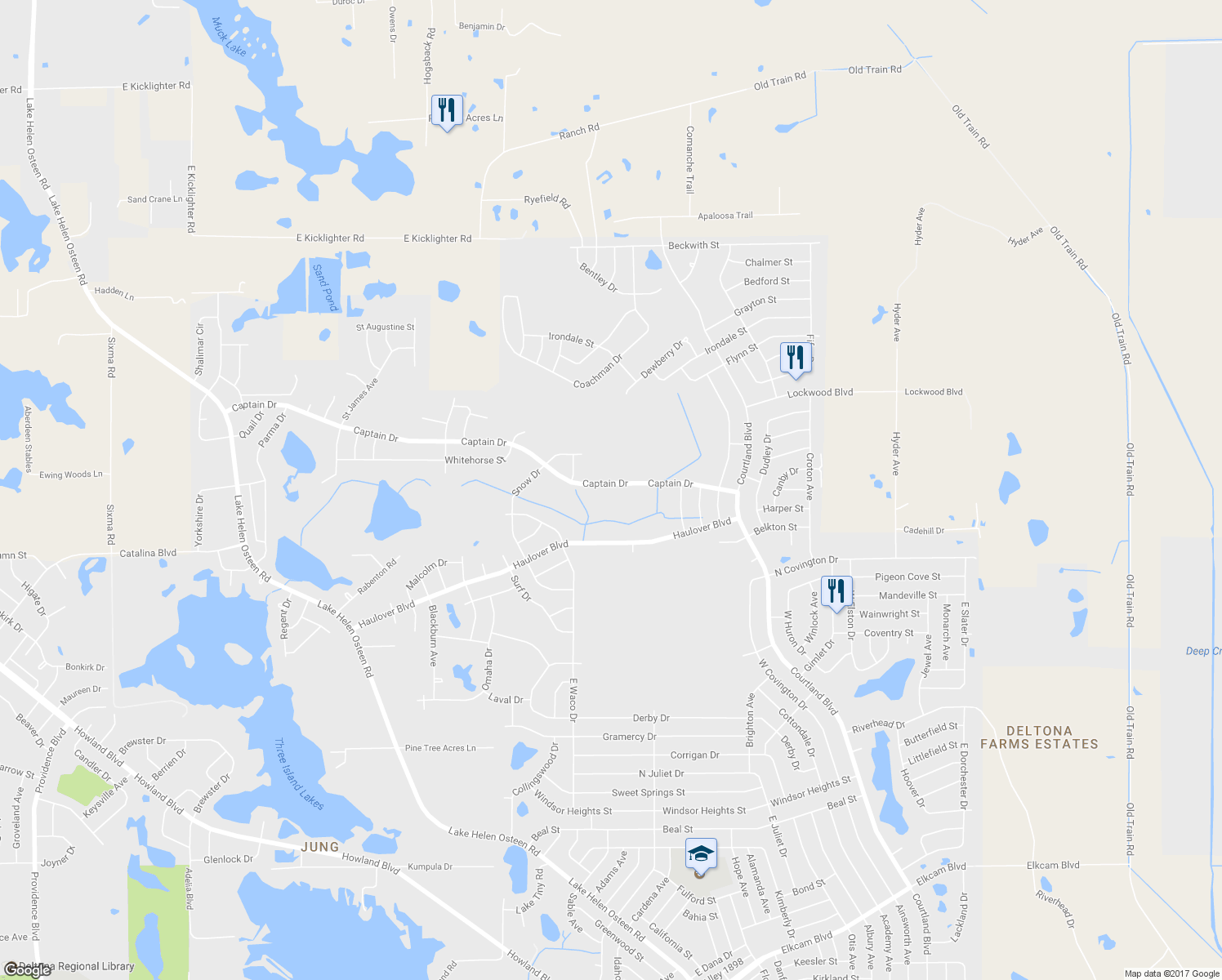 map of restaurants, bars, coffee shops, grocery stores, and more near 2657 Captain Drive in Deltona