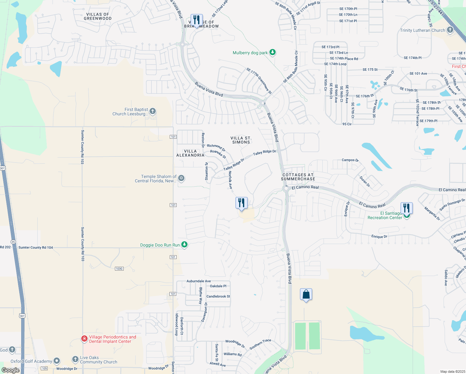 map of restaurants, bars, coffee shops, grocery stores, and more near 1605 Norfolk Avenue in The Villages