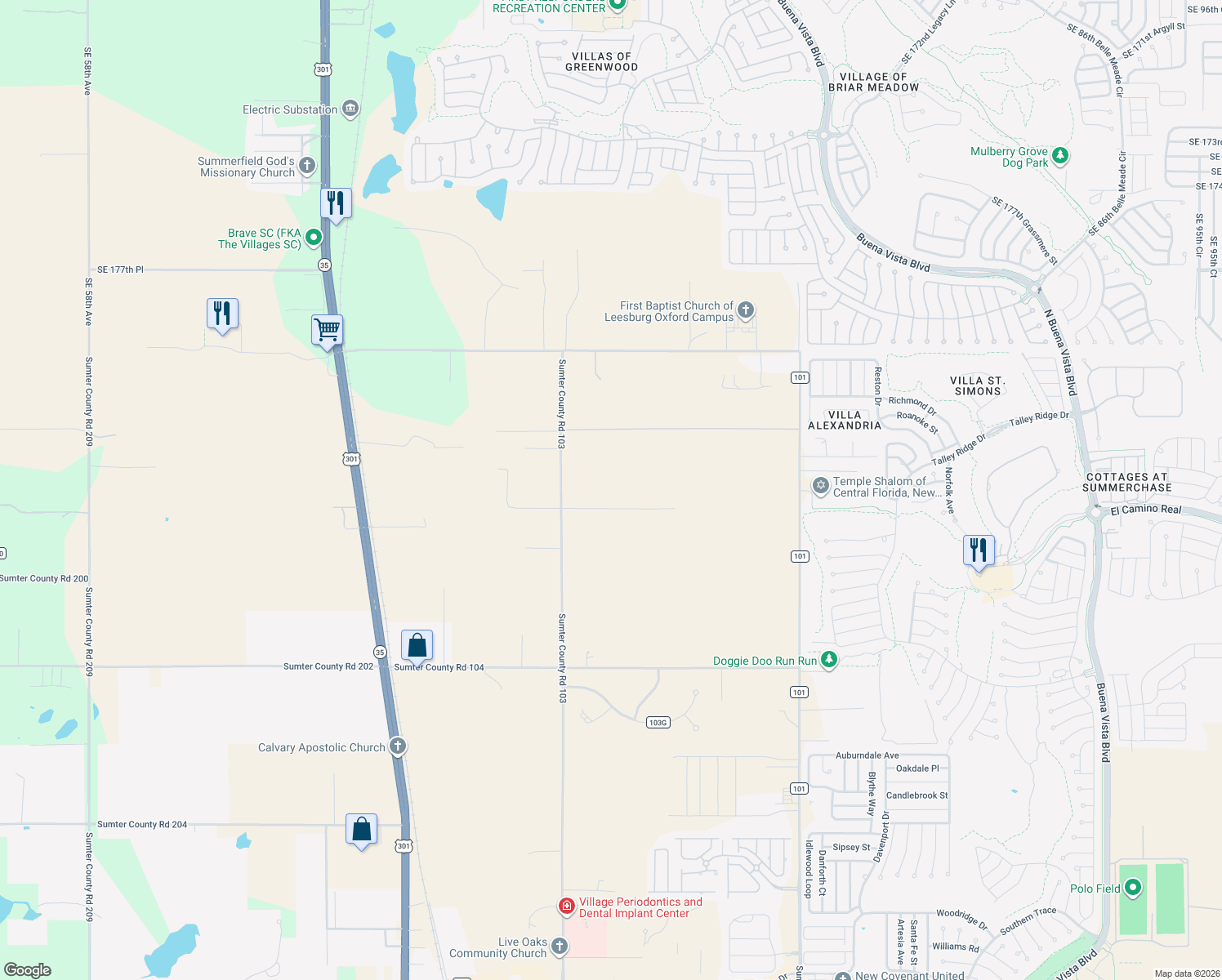 map of restaurants, bars, coffee shops, grocery stores, and more near 4662 Northeast 135 Avenue in Oxford