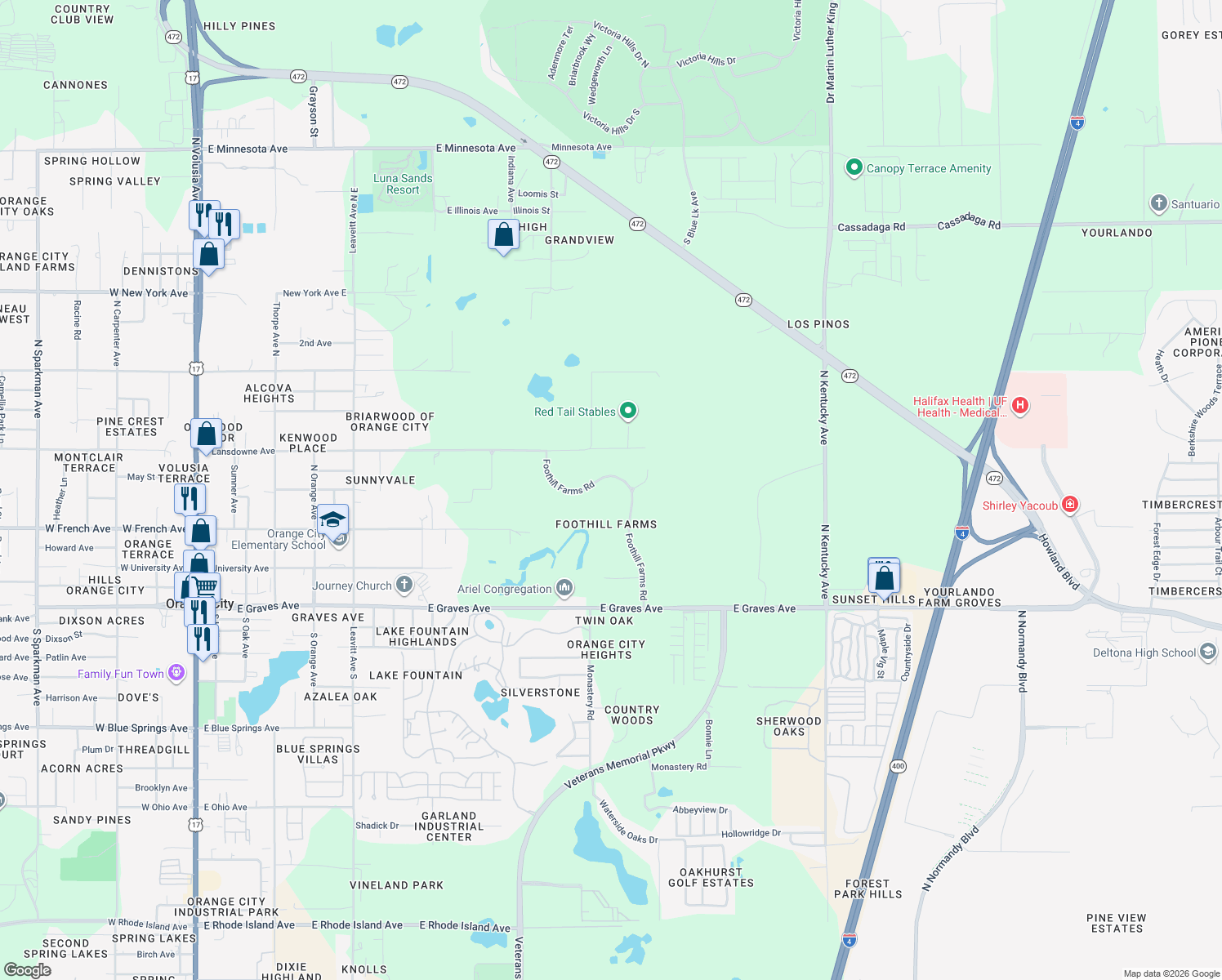map of restaurants, bars, coffee shops, grocery stores, and more near 501 Foothill Farms Road in Orange City