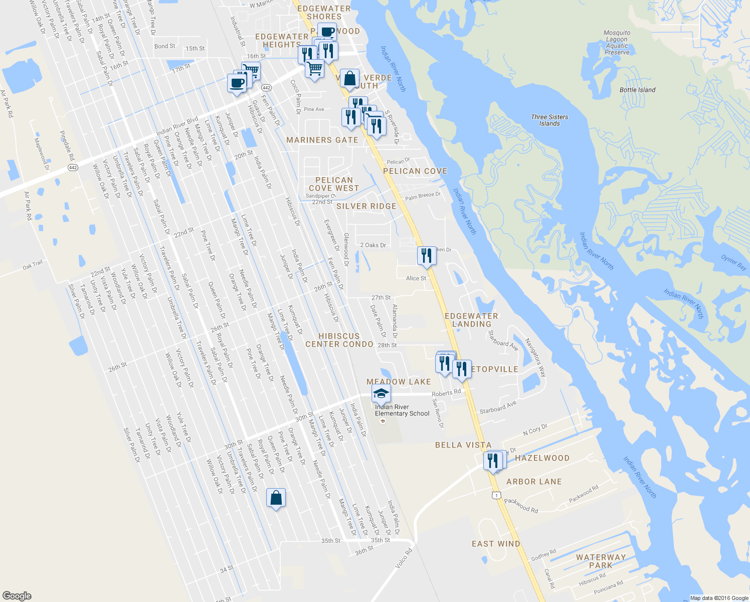 map of restaurants, bars, coffee shops, grocery stores, and more near 2709 Date Palm Drive in Edgewater