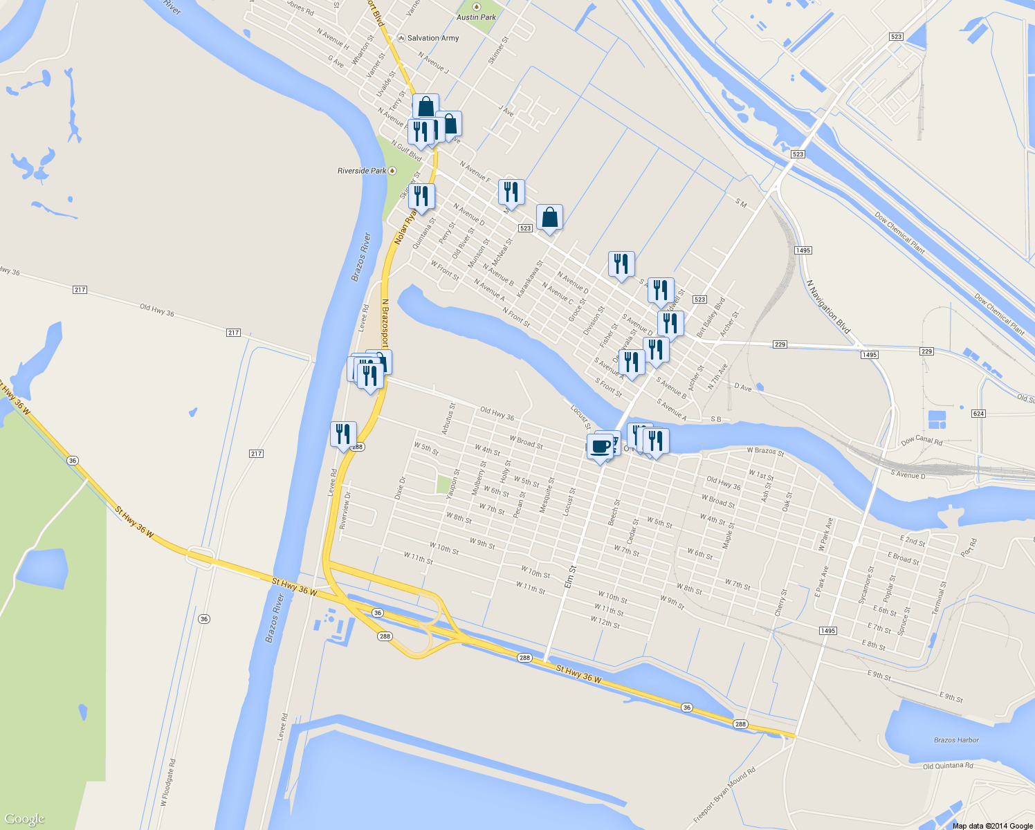 map of restaurants, bars, coffee shops, grocery stores, and more near 134 Brazos Landing Court in Freeport