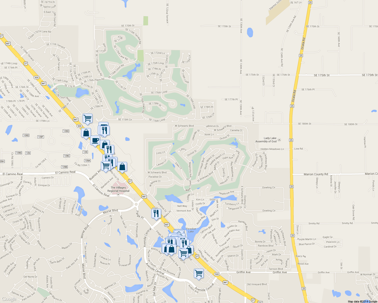 map of restaurants, bars, coffee shops, grocery stores, and more near 1713 Magnolia Avenue in Lady Lake