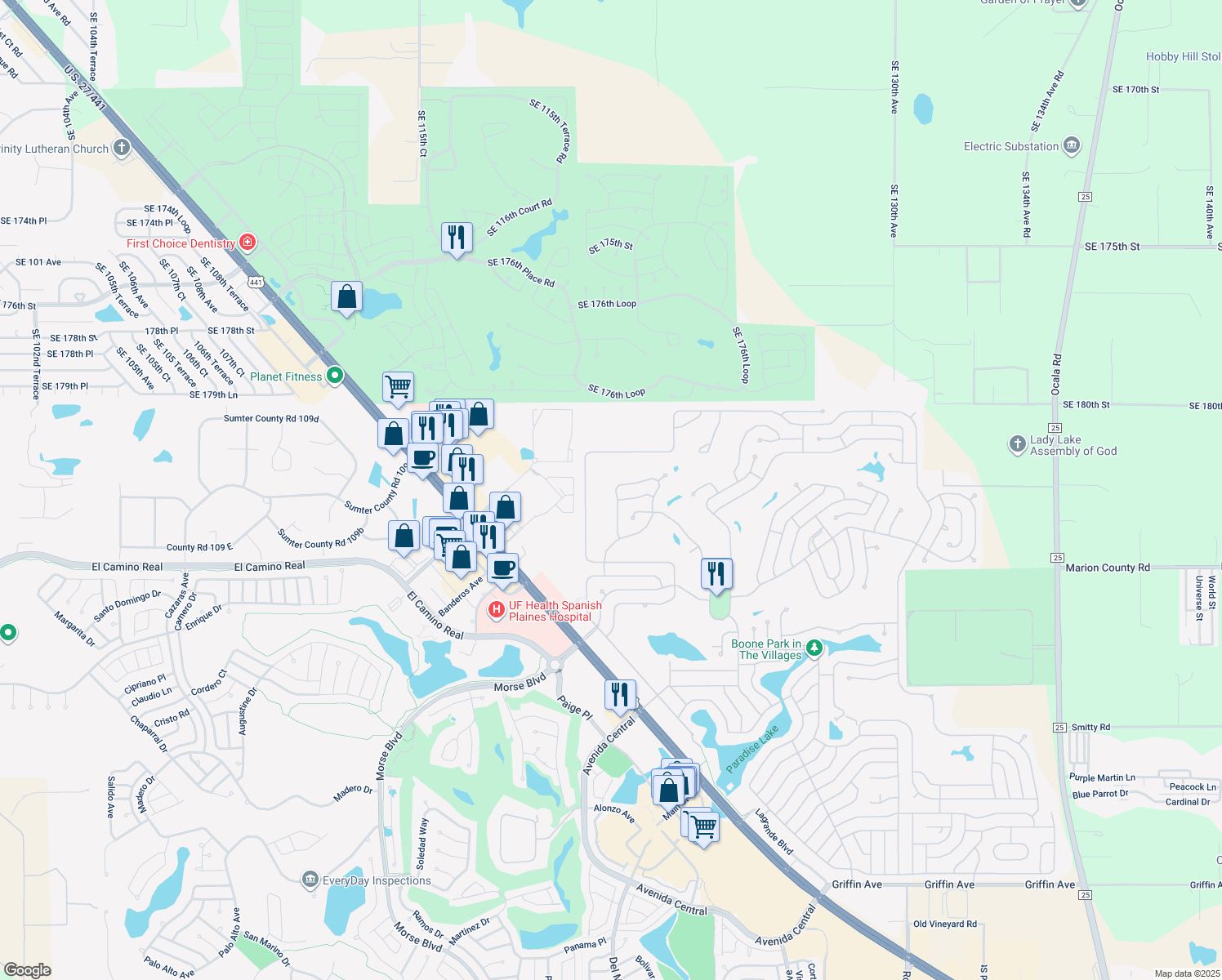 map of restaurants, bars, coffee shops, grocery stores, and more near 1753 Lauren Lane in Lady Lake