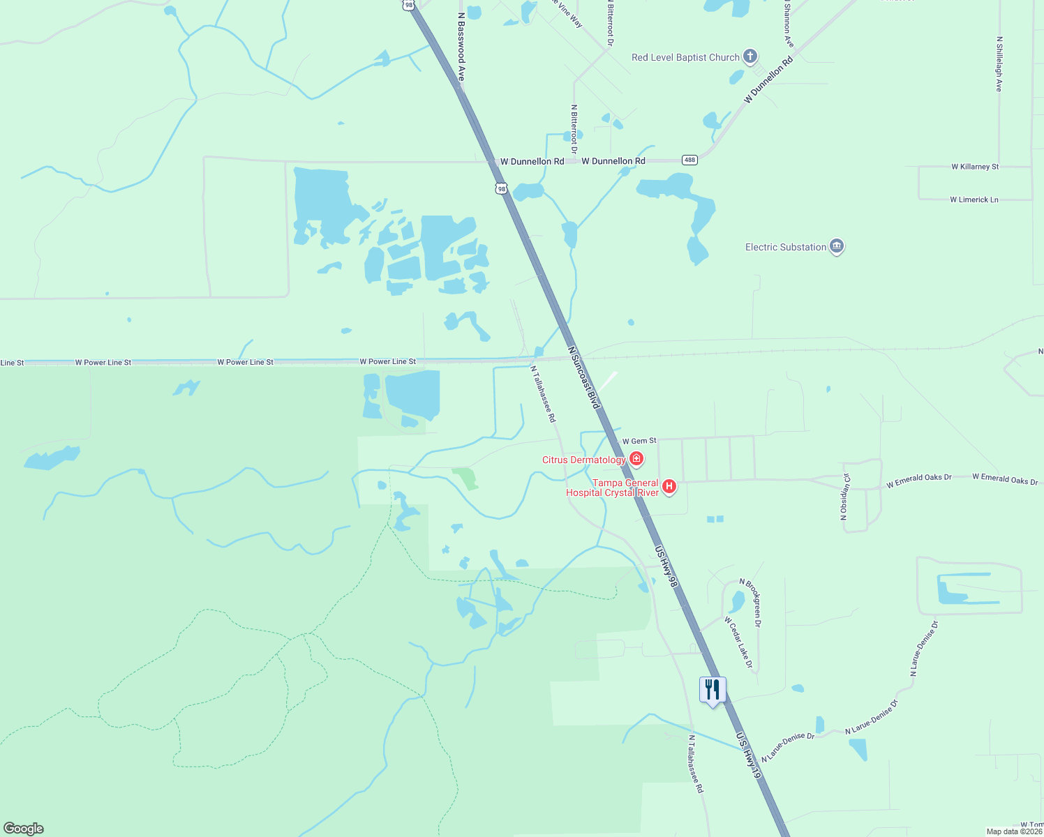map of restaurants, bars, coffee shops, grocery stores, and more near 6550 North Tallahassee Road in Crystal River
