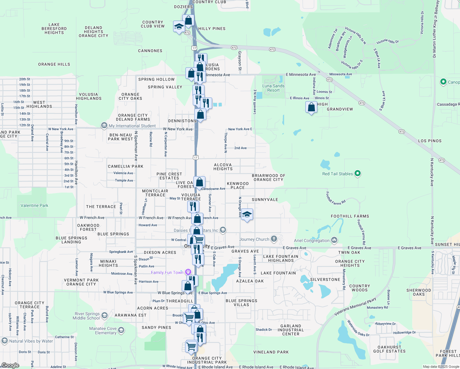 map of restaurants, bars, coffee shops, grocery stores, and more near 429 East Lansdowne Avenue in Orange City