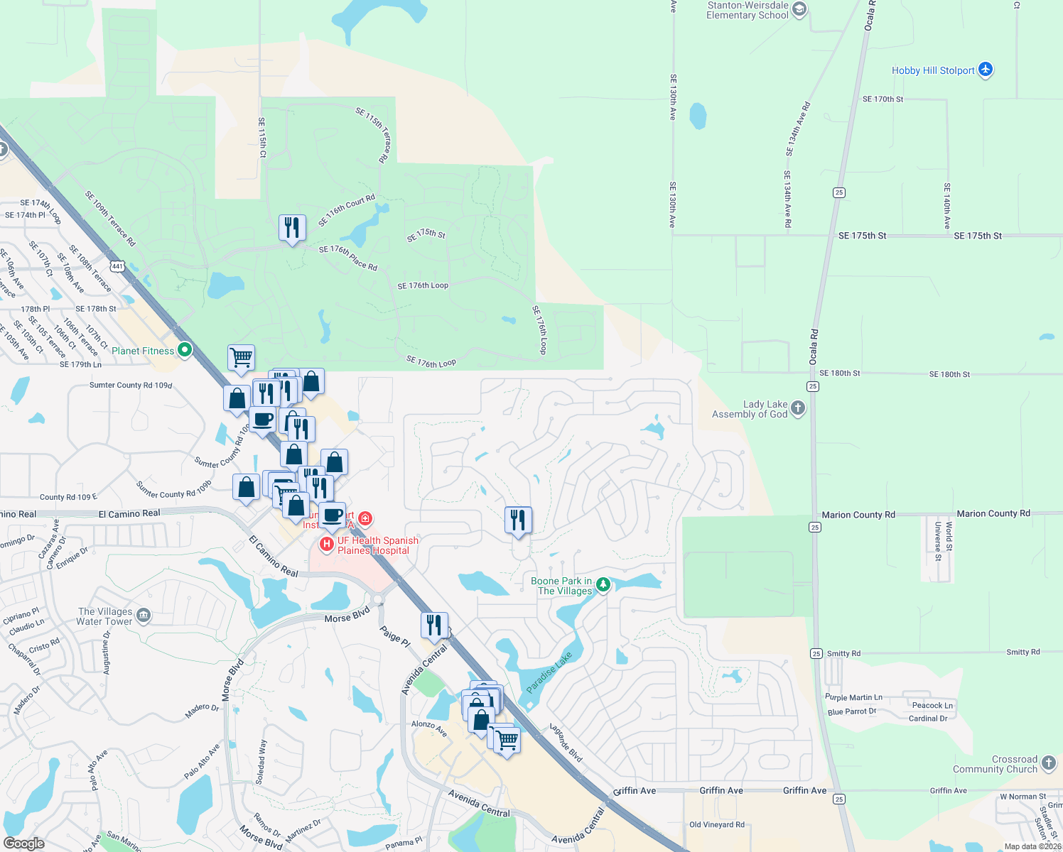 map of restaurants, bars, coffee shops, grocery stores, and more near 945 Oleander Street in Lady Lake