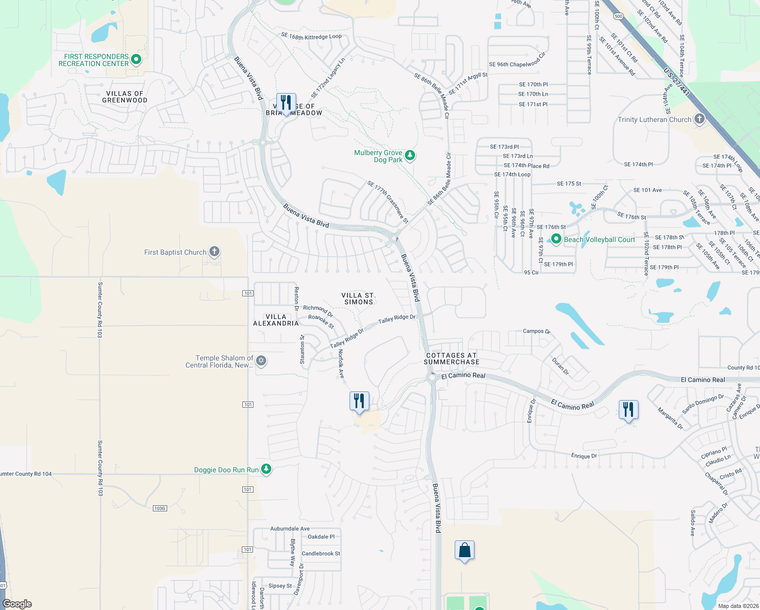 map of restaurants, bars, coffee shops, grocery stores, and more near 1876 Dalton Drive in The Villages