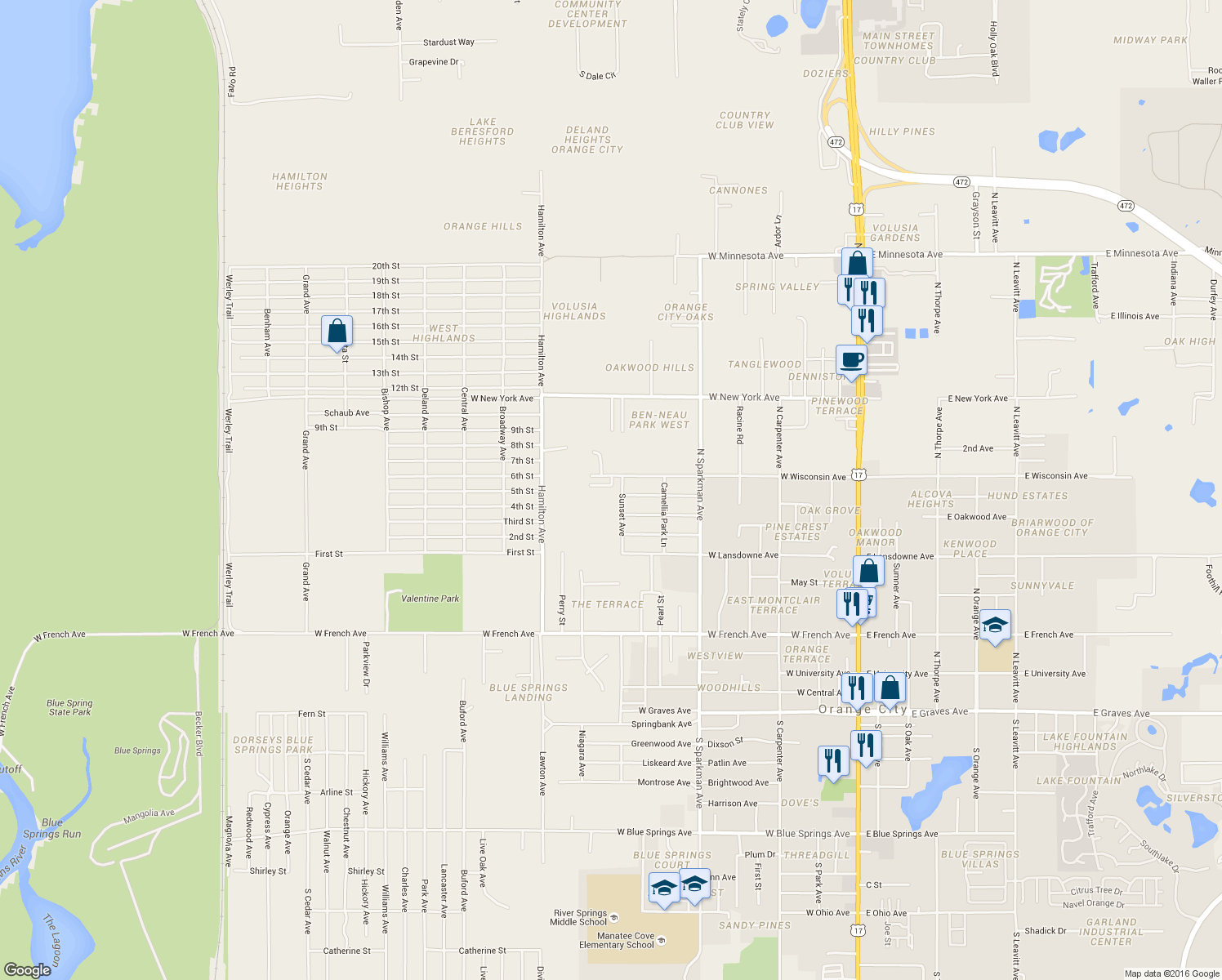 map of restaurants, bars, coffee shops, grocery stores, and more near 940 Laurel Oaks Lane in Orange City